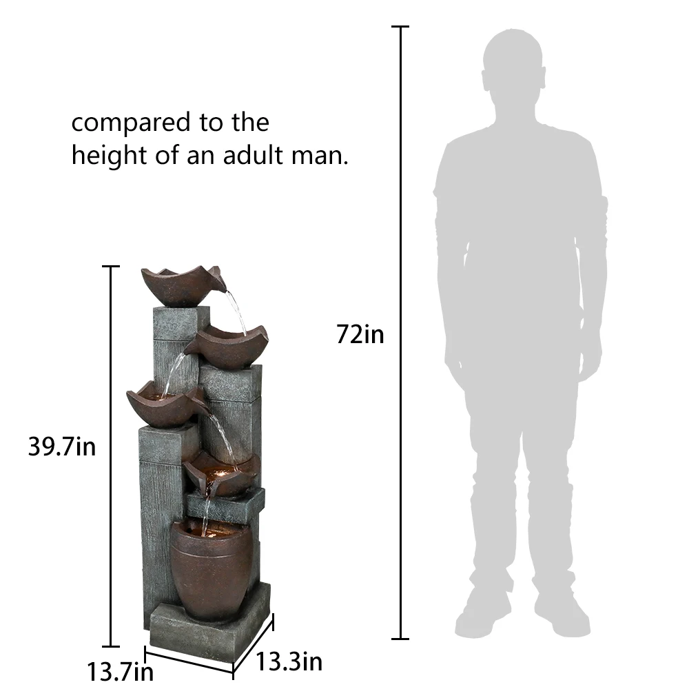 5-Tier Cascading Indoor/Outdoor Fountain with LED Lights - 39.7''H Large Waterfall Floor Fountain for Garden, Patio, Yard Decor - Image 7