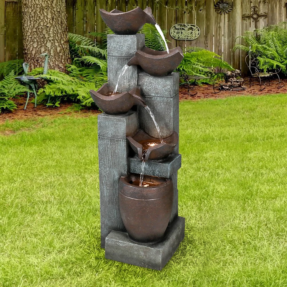 5-Tier Cascading Indoor/Outdoor Fountain with LED Lights - 39.7''H Large Waterfall Floor Fountain for Garden, Patio, Yard Decor - Image 3