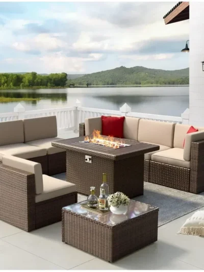 Outdoor Patio Furniture 8 Piece Set with 40'' Fire Pit Table, L-Shape Patio Wicker Conversation Sets