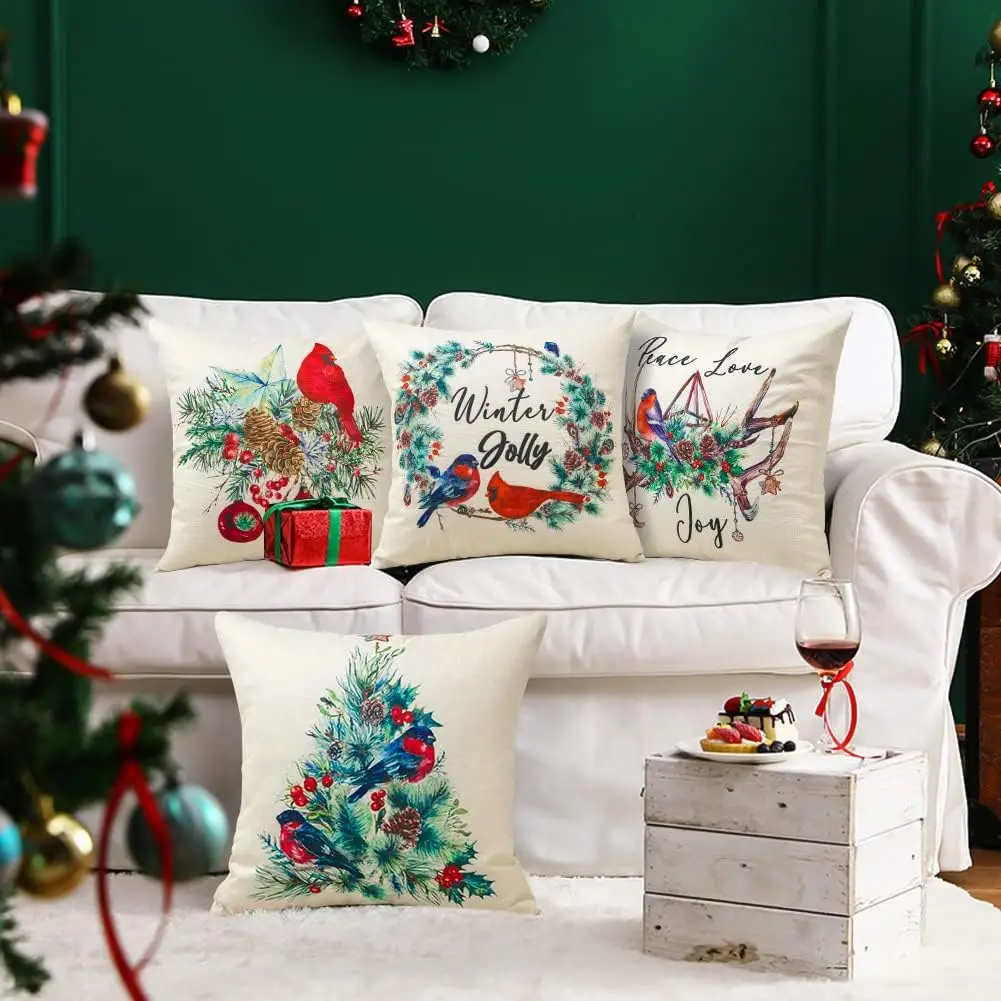 Christmas Throw Pillow Covers Linen Merry Christmas Cushion Case Garden Winter Holiday Pillowcase for Patio Furniture Couch - Image 2