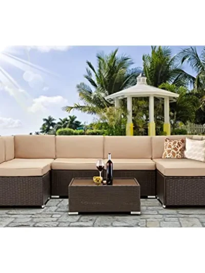 Outdoor Patio Furniture Set 7 Piece PE Rattan Wicker Sofa Sectional Set with Cushions & Tea Table Brown Khaki Poolside Deck