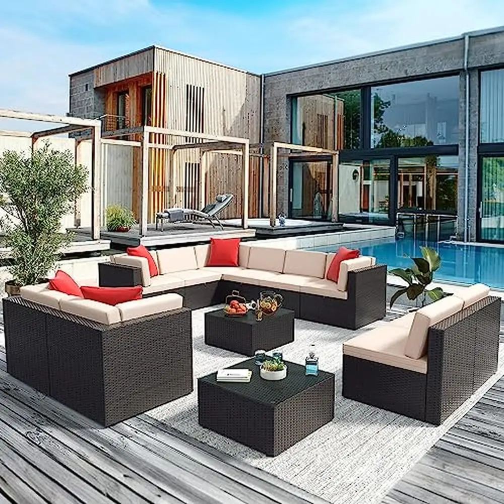 Outdoor Patio Furniture Set 12-Piece Rattan Sectional Sofa with Thick Cushions and Glass Table Beige - Image 3