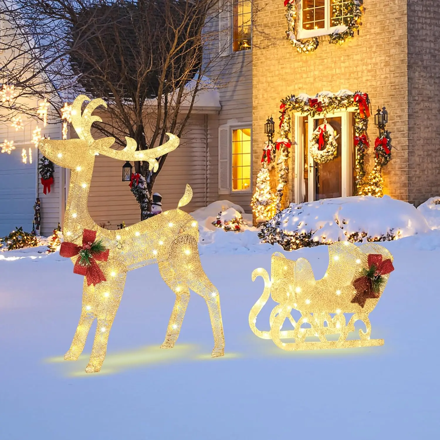 4.7 FT Lighted Christmas Reindeer & Sleigh, Xmas Lighted Outdoor Decoration with 100 Warm Lights, 8 Ground Stakes, 30 Cable Ties - Image 3