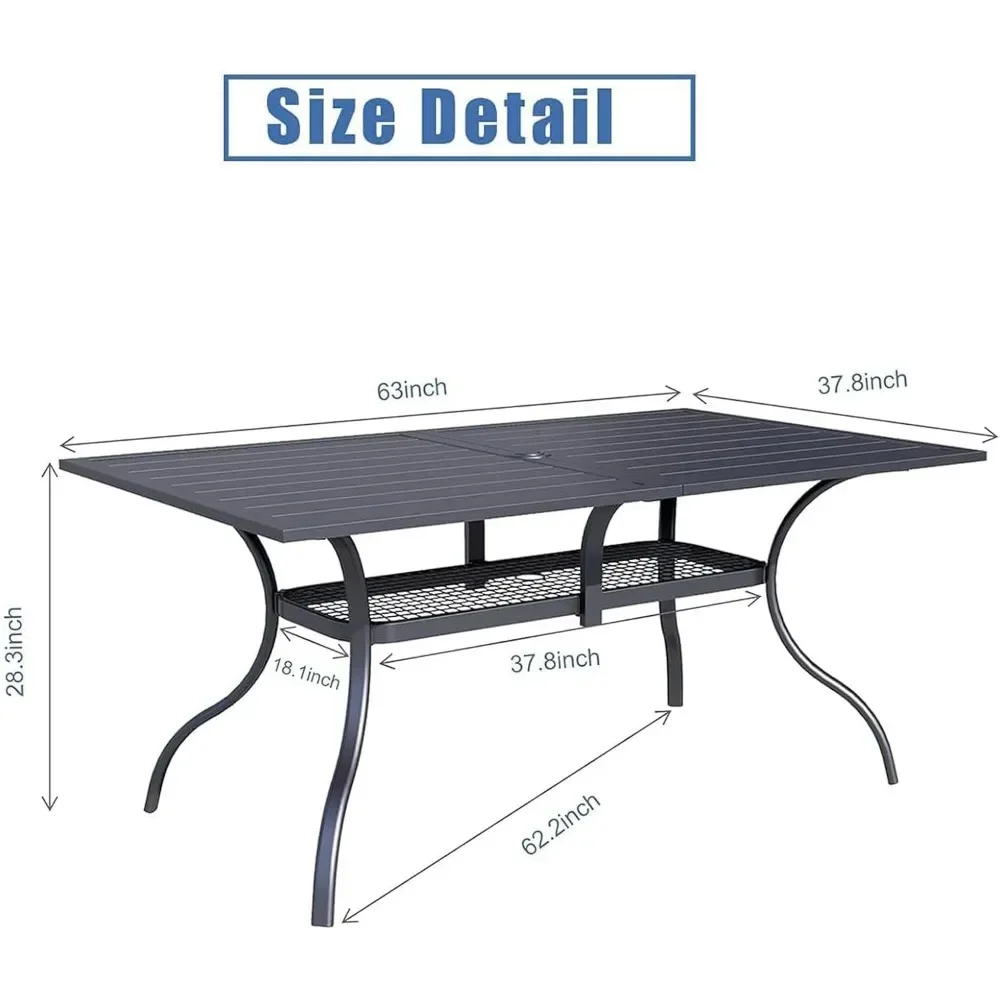 Patio Dining Table, Rectangle Metal Steel Slat Table, with Umbrella Hole, for Backyards, Porches, Garden - Image 3