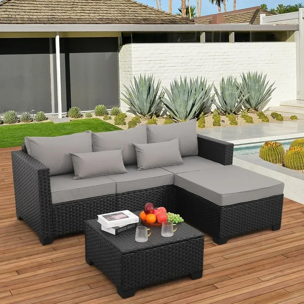 3 Pieces Patio Furniture Set Outdoor Sectional Wicker Patio Furniture Patio Couch with Ottoman and Outdoor Storage Table - Image 3