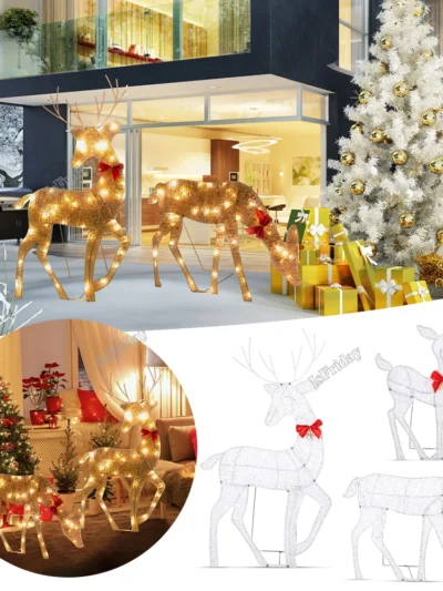 3pcs Iron Art Elk Deer Christmas Garden Decoration With LED Light Glowing Glitter Reindeer Xmas Home Outdoor Yard Ornament Decor