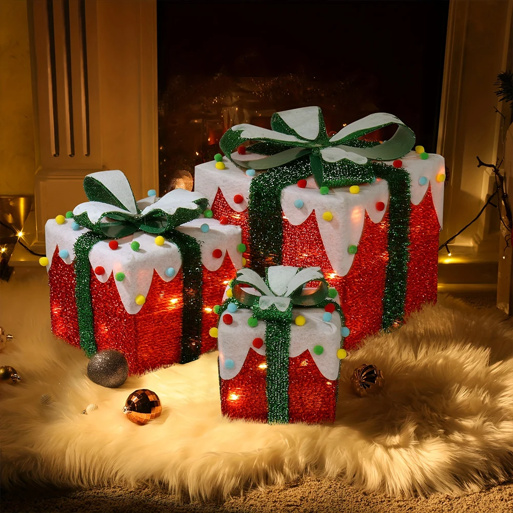 3 Pack Christmas Lighted Gift Boxes with Bow, Luxury Christmas Glowing Present Boxes - Image 2