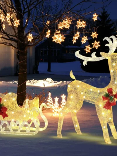 4.7 FT Lighted Christmas Reindeer & Sleigh, Xmas Lighted Outdoor Decoration with 100 Warm Lights, 8 Ground Stakes, 30 Cable Ties
