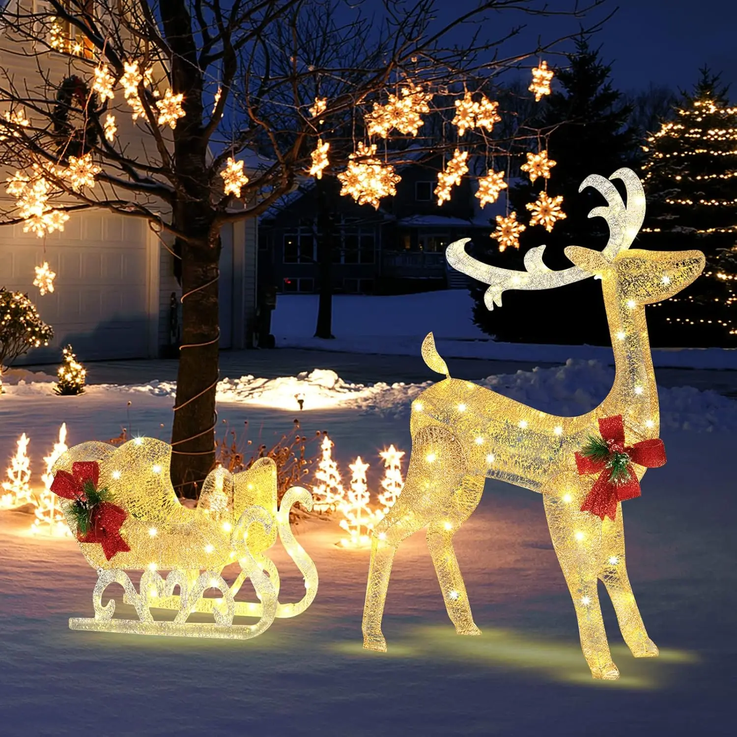 4.7 FT Lighted Christmas Reindeer & Sleigh, Xmas Lighted Outdoor Decoration with 100 Warm Lights, 8 Ground Stakes, 30 Cable Ties