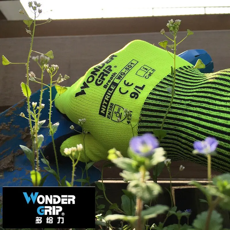 Garden Work Glove Nylon Spandex Fluorescent Green Nitrile Micro Foam Flower Garden Safety Mittens - Image 5