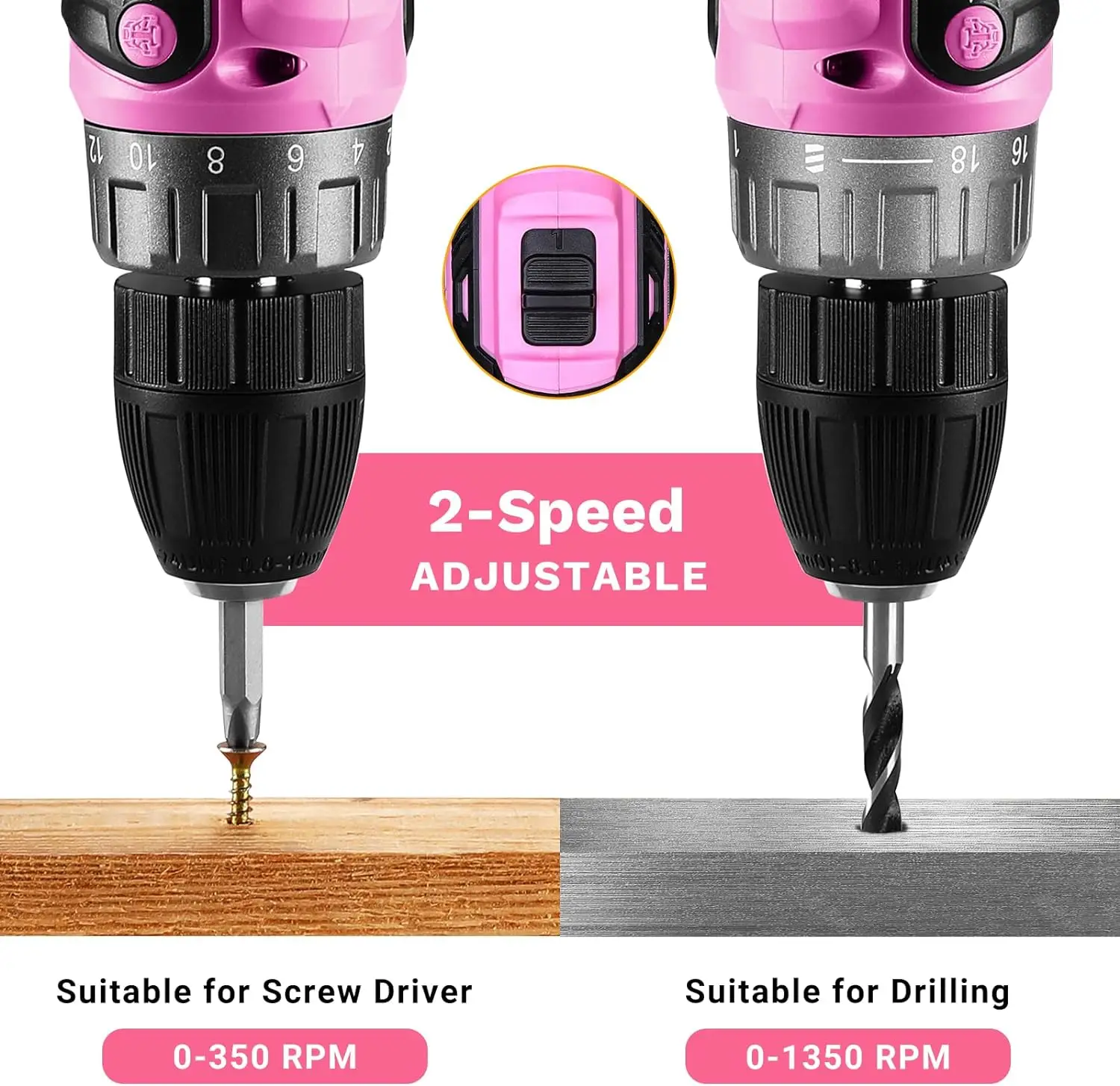 Power Drill Cordless: DEKO Pink Cordless Drill 20V Electric Power Drill Set Tool for Women - Image 5