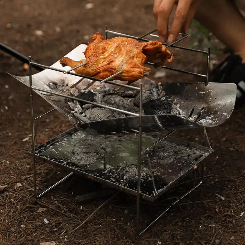 Camping Folding Campfire Charcoal BBQ Grill Stainless Steel Barbecue Net Card Type Firewood Stoves Mini BBQ Rack Camping Stove - Image 2