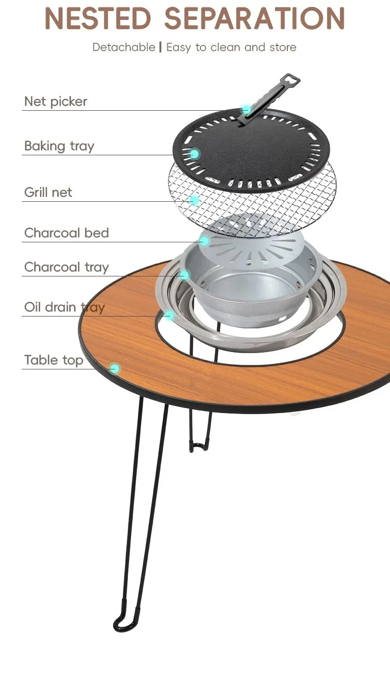 Folding Round Camping Table Outdoor Barbecue Grill Portable lightweight Brazier Stand Charcoal Table BBQ Stove Coffee Meat Table - Image 9