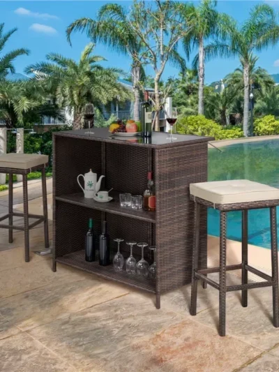 3-Piece Outdoor Rattan Wicker Bar Set, Brown outdoor furniture set patio