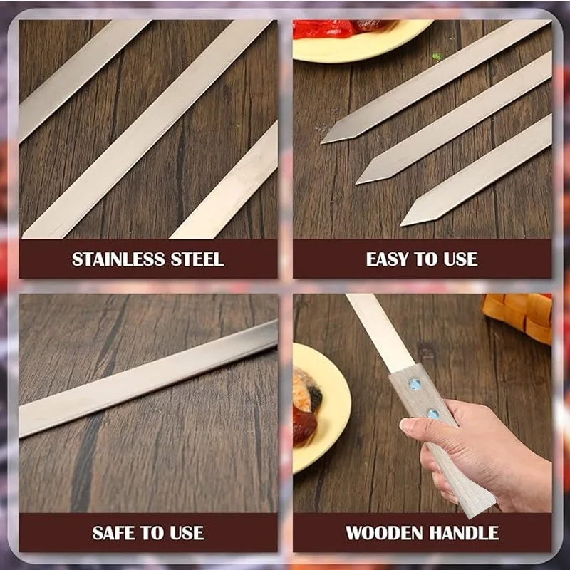 Kabob Skewers 23mm Wide 2mm Thin Kobide Skewers BBQ Skewers Stainless Steel Reusable for Grilling BBQ with Wooden Handles - Image 4