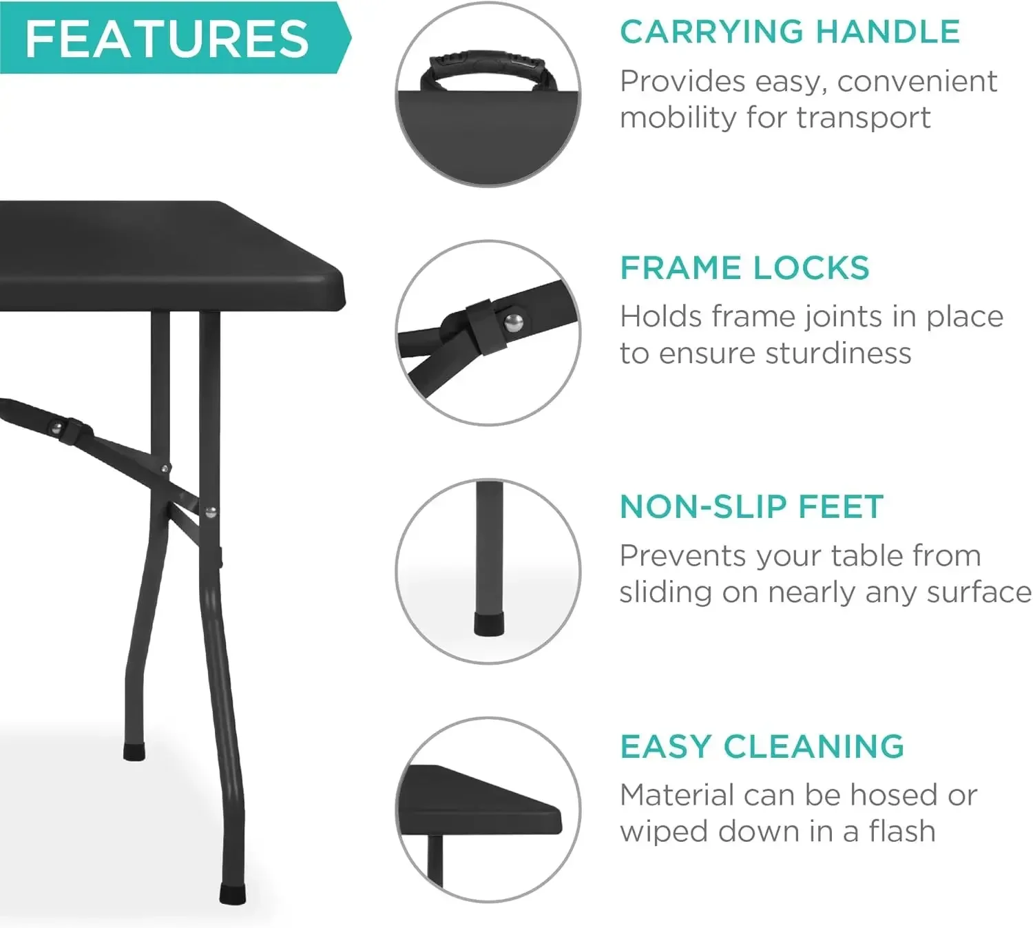 8ft Plastic Folding Table, Indoor Outdoor Heavy Duty Portable w/Handle, Lock for Picnic, Party, Pong, Camping - Black - Image 5