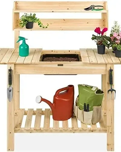Garden Potting Bench Table W/Sliding Tabletop Workstation W/Removable Sink Patio Furniture Outdoor Furniture Outdoor Patio