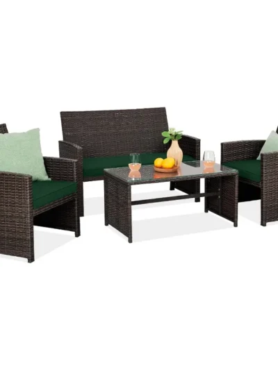 Best Choice Products 4-Piece Outdoor Wicker Patio Conversation Furniture Set for Backyard w/Coffee Table, Seat Cushions