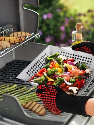 BBQ Grilling Basket Vegetables Meat Baking Dish Pan Stainless Steel Non-stick