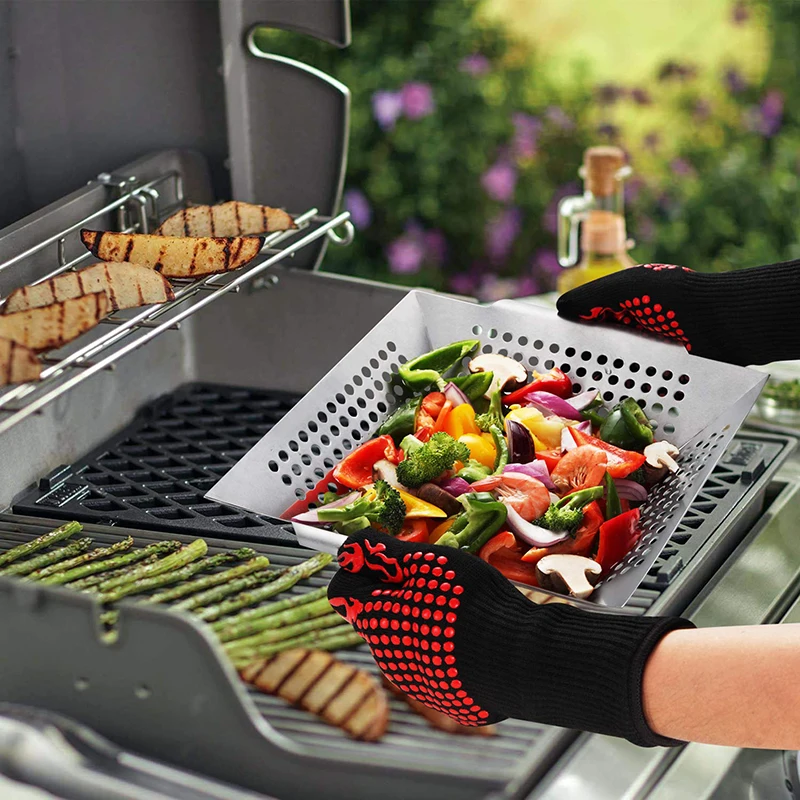 BBQ Grilling Basket Vegetables Meat Baking Dish Pan Stainless Steel Non-stick