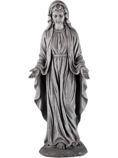 The statue of the Virgin Mary, sacred decoration, outdoor garden, home yard, gray stone veneer, ceramic 29 inches high