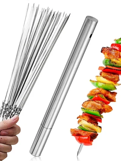 Stainless Steel Skewers+Storage Tube for Grilling Shish Kebab BBQ Camping Flat Forks Gadgets Kitchen Accessories Tools, New 20pcs