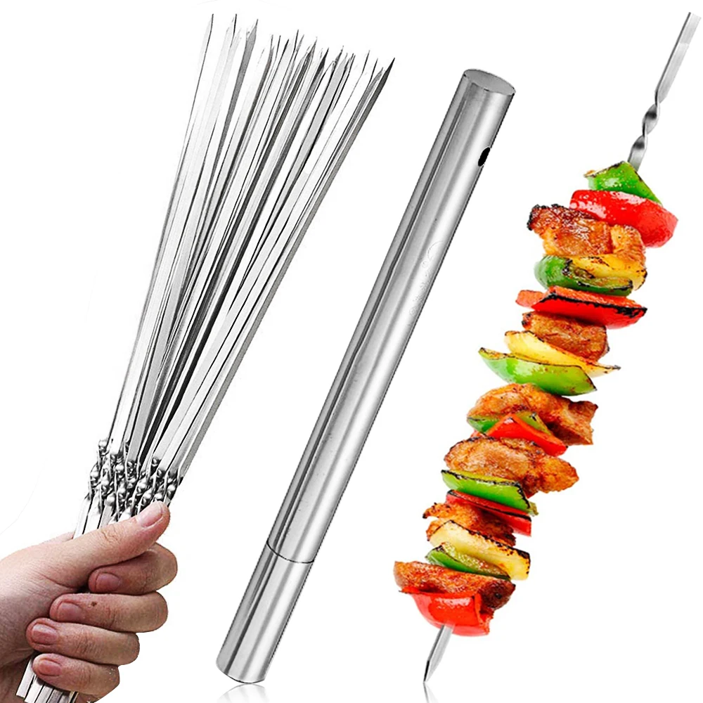 Stainless Steel Skewers+Storage Tube for Grilling Shish Kebab BBQ Camping Flat Forks Gadgets Kitchen Accessories Tools, New 20pcs