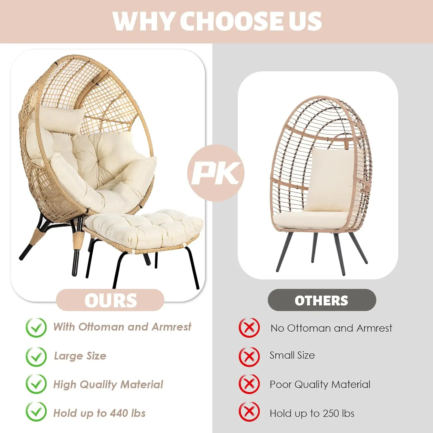 Egg Chair with Footrest Outdoor Wicker Patio Egg Chairs with Ottoman for Indoor Bedroom Outside Porch Deck Backyard - Image 6