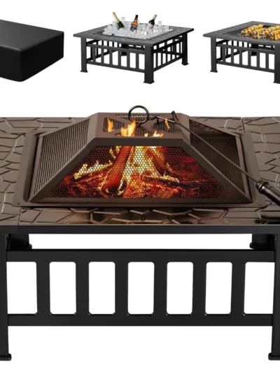 Outdoor Fire Pit, Firepit Table Metal Outdoor Fireplaces with Waterproof Cover for Outside Patio Camping
