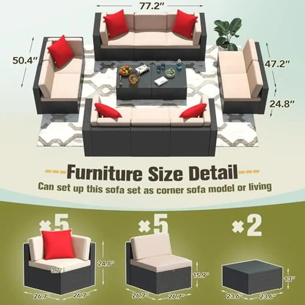 Outdoor Patio Furniture Set 12-Piece Rattan Sectional Sofa with Thick Cushions and Glass Table Beige - Image 6