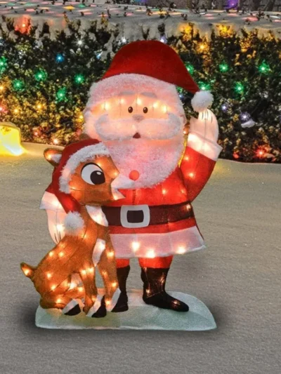 Pre Lit Fabric Santa Claus and Rudolph 2D Outdoor Holiday Lawn Ornament Christmas Yard Decoration with 70 Clear Lights and Stand