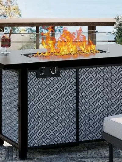 43 Inch Propane Fire Pit Table，50,000 BTU with Glass Wind Guard, Lava Rocks, Waterproof Cover and Lid，Outdoor Gas Fire Pits