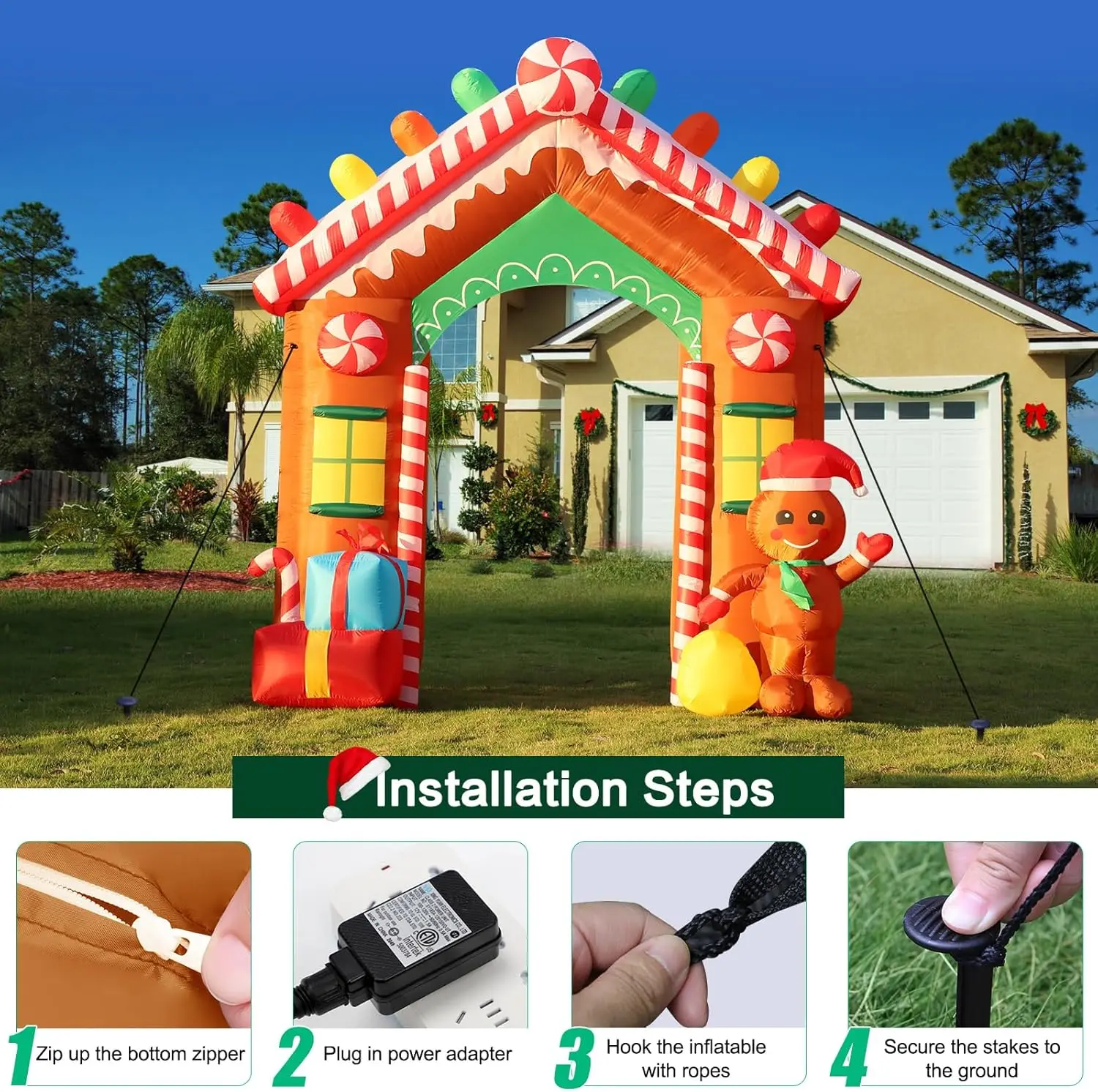 9 FT Christmas Inflatable Archway Outdoor Decorations, Gingerbread House Arch Blow Up Yard Decoration with Colorful Gifts - Image 5