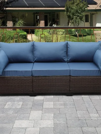 3-Seat Patio Wicker Sofa, Outdoor Rattan Couch Furniture Steel Frame with Furniture Cover and Deep Seat High Back Blue Anti-Slip