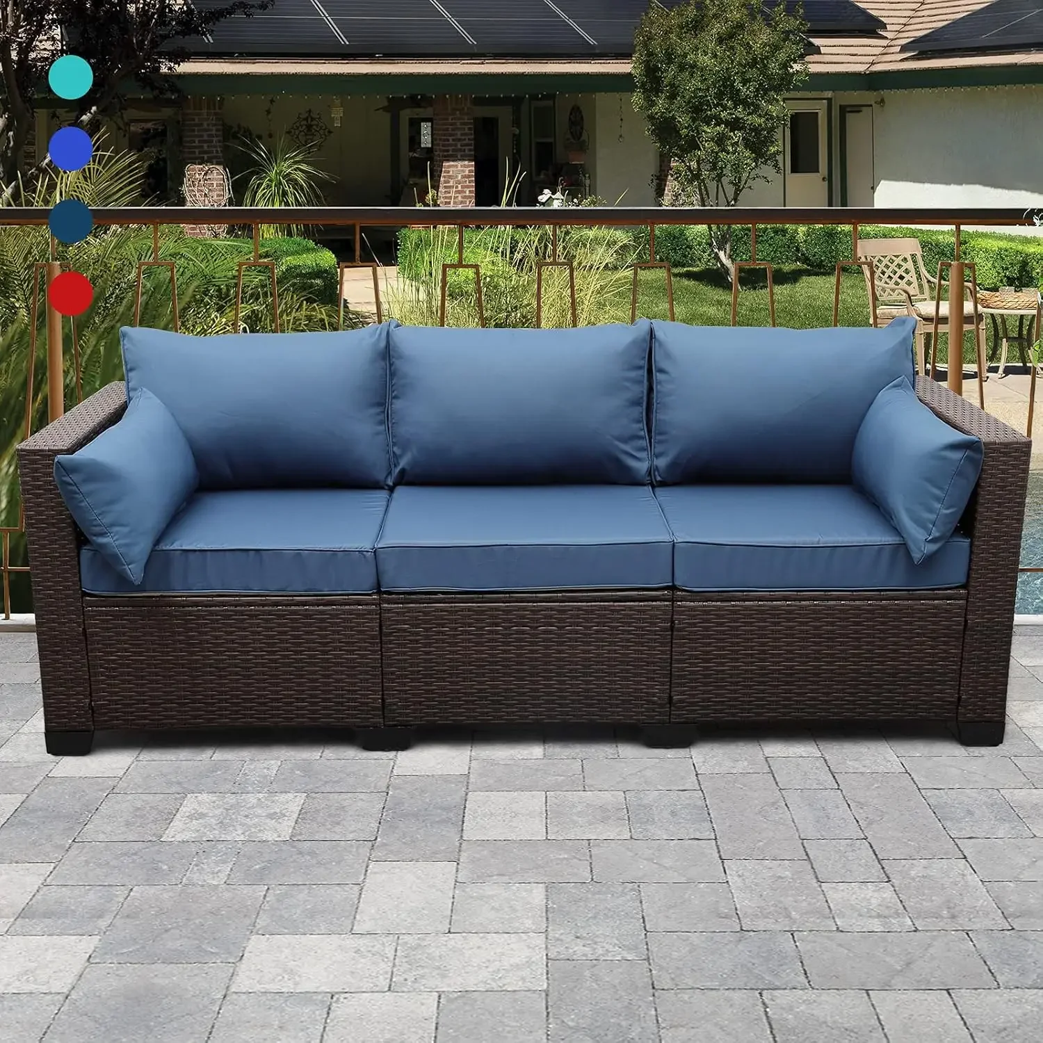 3-Seat Patio Wicker Sofa, Outdoor Rattan Couch Furniture Steel Frame with Furniture Cover and Deep Seat High Back Blue Anti-Slip