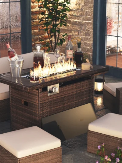 Aoxun Patio Furniture Set Outdoor Wicker Rattan Furniture 44” Fire Pit Table Outdoor Sectional Sofa Include Waterproof Cover