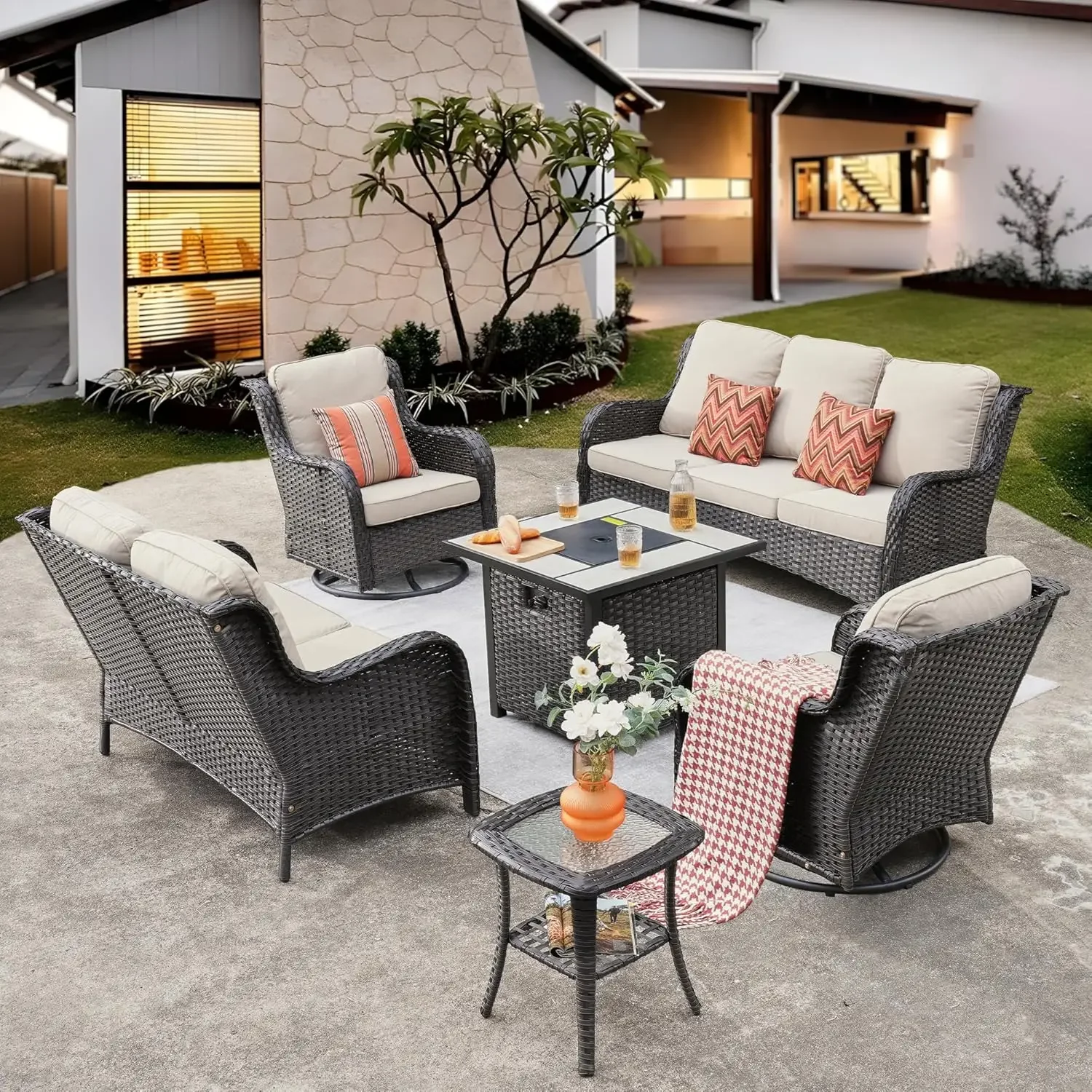 Patio Furniture Set 6 Pieces Outdoor Sofa with Rocking Swivel Chairs Loveseat Rectangular Fire Pit Table Wicker Conversation Set - Image 8