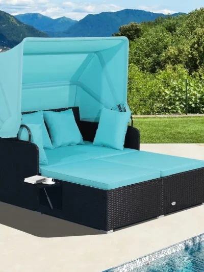 Tangkula Patio Rattan Daybed with Retractable Canopy, Patiojoy Wicker Sun Lounger with 2 Foldable Side Panels, Thick Seat & Back
