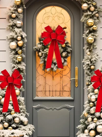 Red Christmas Bows Outdoor Decorations Bow Velvet Wreath With Glitter Gold Edge Front Door Decoration