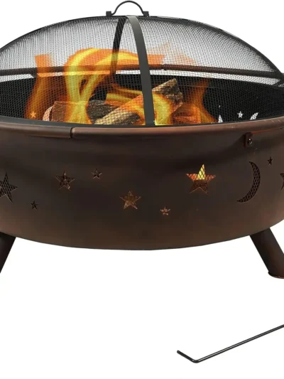 Cosmic 42-Inch Wood-Burning Steel Fire Pit with Round Spark Screen, Poker, and Built-in Grate - Rust Patina