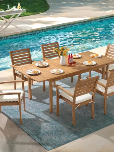 7 Piece Patio Dining Set, Extendable Rectangular Table and 6 Stackable Chairs, Outdoor Acacia Wood Furniture Set