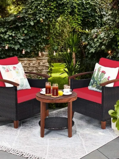 3 Pieces Patio Furniture Set,Outdoor Rattan Sofa and Side Table w/Solid Acacia Wood Frame, High Load Bearing Conversation Bistro