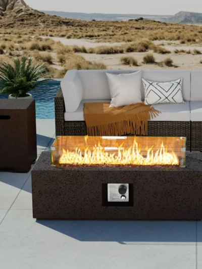 Outdoor Propane Fire Pit Coffee Table, 42-inch x 13-inch Rectangle Base Patio Heater w 50,000 BTU Stainless Steel Burner