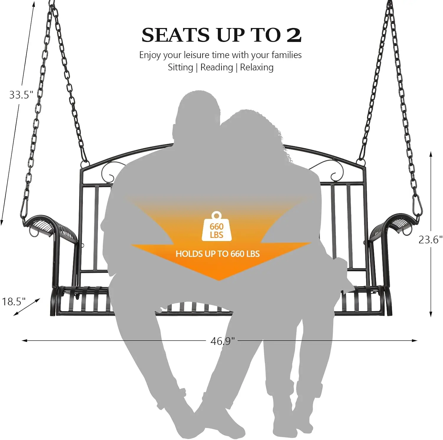 Metal Patio Porch Swing, 660 LBS Weight Capacity Steel Porch Swing Chair for Outdoors, Heavy Duty Swing Chair - Image 5