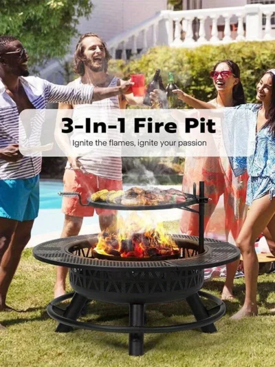 35'' Fire Pit w/ Cooking Grill Grate, Charcoal Pan & Cover Wood Burning Firepits