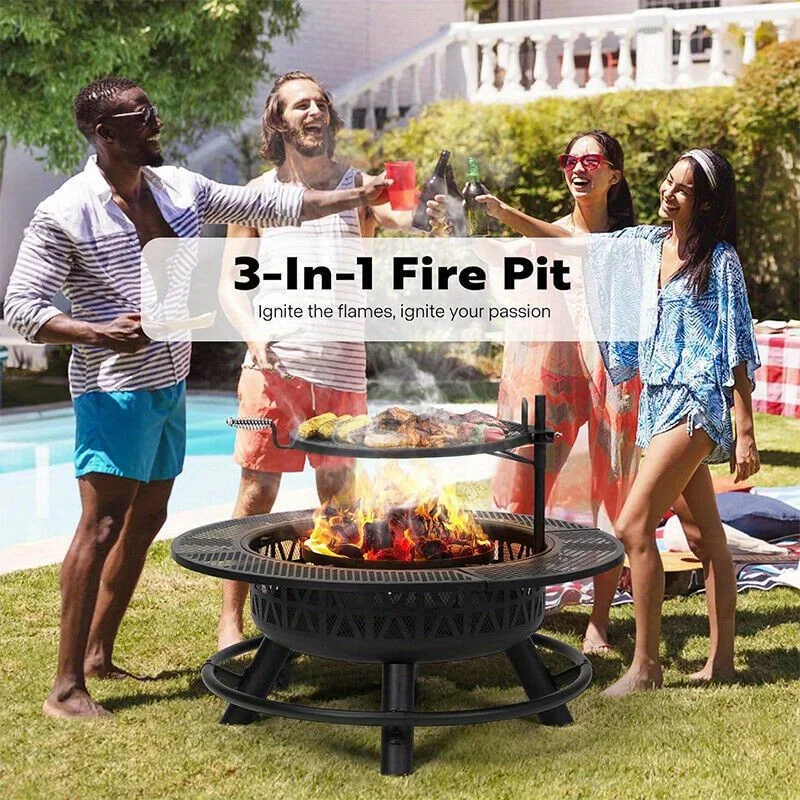 35'' Fire Pit w/ Cooking Grill Grate, Charcoal Pan & Cover Wood Burning Firepits