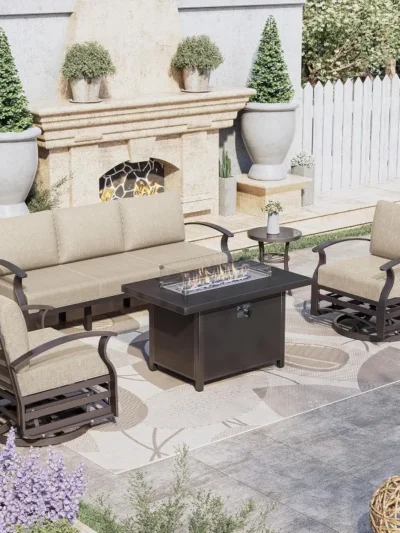 Aluminum Patio Furniture Set 5-Seat Modern Metal Outdoor Conversation Sets w/45in Propane Fire Pit Table,