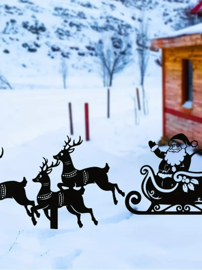 2pcs Metal Outdoor Reindeer & Christmas Sleigh Silhouette Stake
