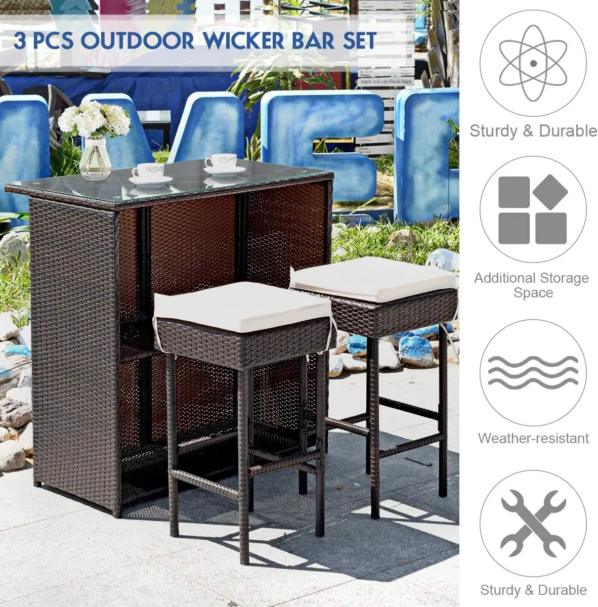 3 Pieces Rattan Patio Bar Table & Stool Set, Patio Furniture Set for Lawn Pool BackyardFront Porch, Dining Set w/Cushion, Beige - Image 5