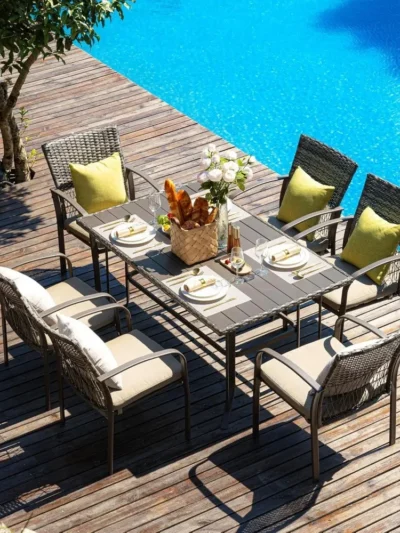 7 Piece Patio Dining Set,for Backyard Garden Deck Poolside/Iron Slats Table Top, Removable Cushions,Outdoor Wicker Furniture Set